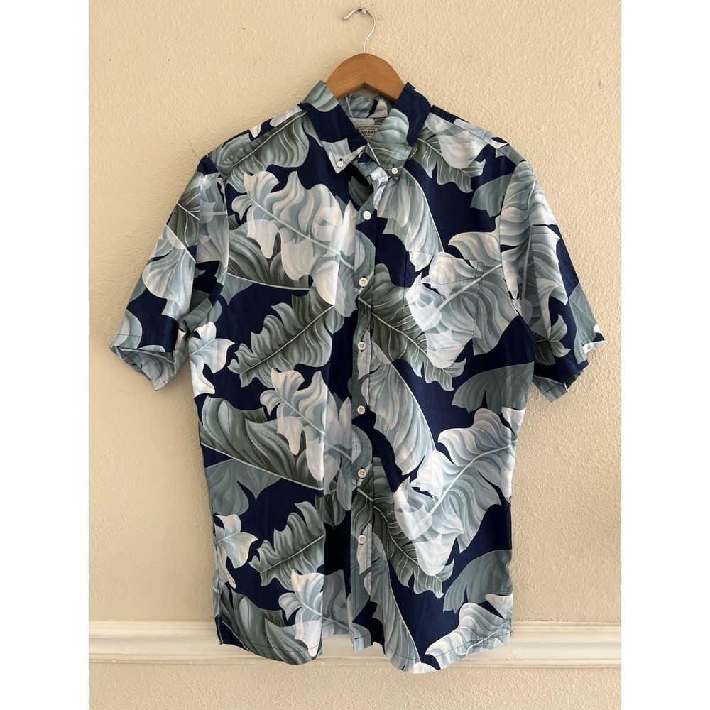 An Original Avanti Vintage Hawaiian Blue Palm Leaf Mens XL Shirt Cotton Vacation